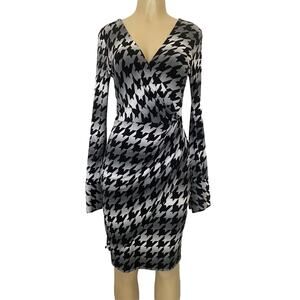 Cache Dress Sheath Long Sleeve Faux Wrap Houndstooth Surplice Vneck Blac…